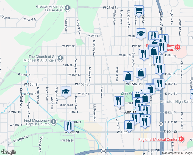 map of restaurants, bars, coffee shops, grocery stores, and more near 1527 Mulberry Avenue in Anniston