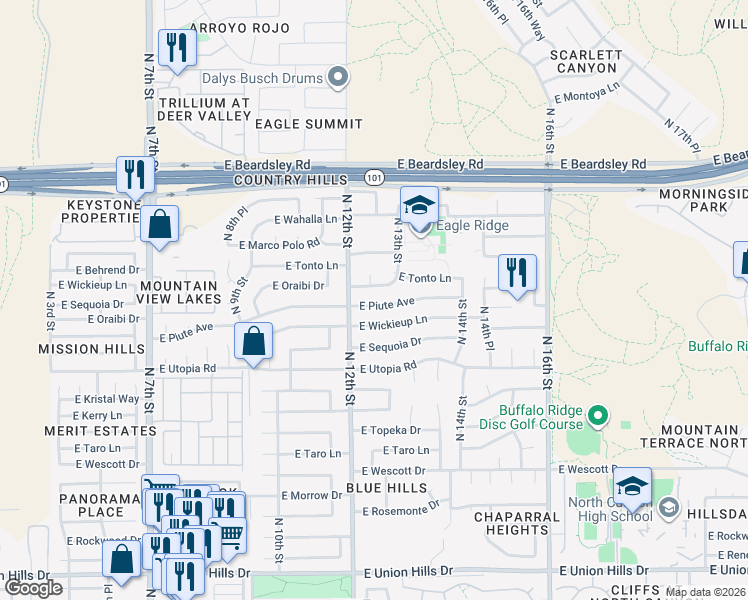 map of restaurants, bars, coffee shops, grocery stores, and more near 1224 East Piute Avenue in Phoenix