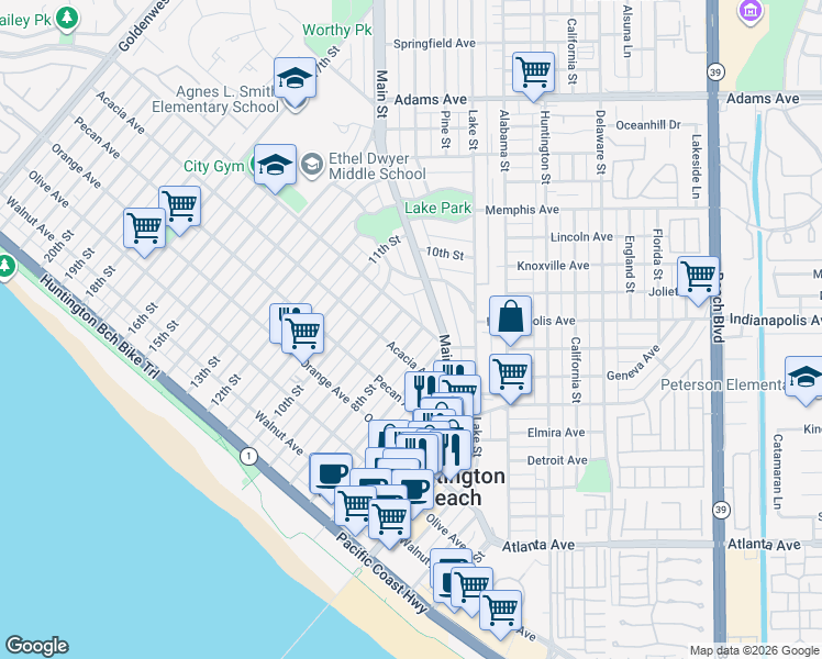 map of restaurants, bars, coffee shops, grocery stores, and more near 621 8th Street in Huntington Beach