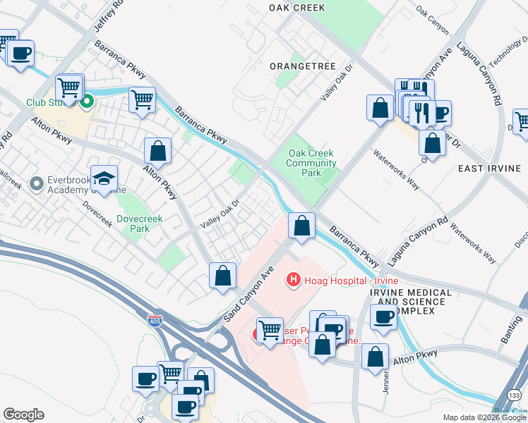 map of restaurants, bars, coffee shops, grocery stores, and more near 54 Alevera in Irvine
