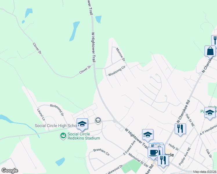 map of restaurants, bars, coffee shops, grocery stores, and more near 367 Conner Court in Social Circle