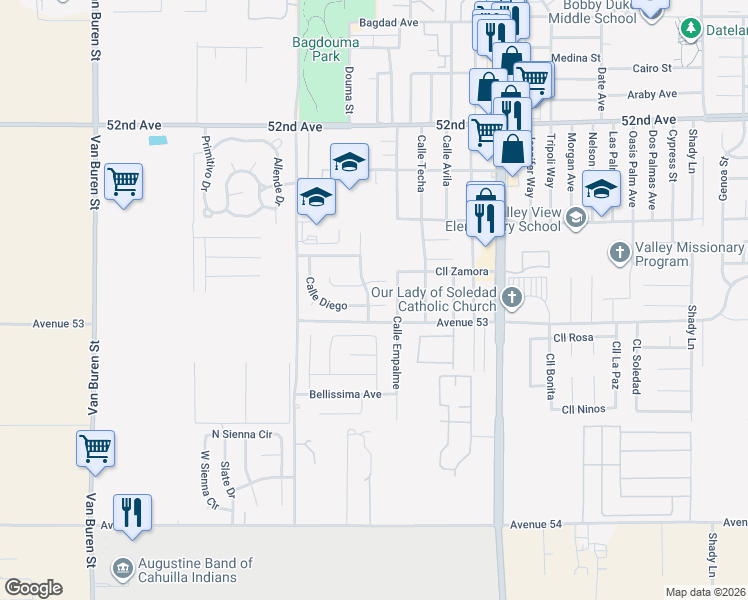 map of restaurants, bars, coffee shops, grocery stores, and more near 84626 Calle Diego in Coachella