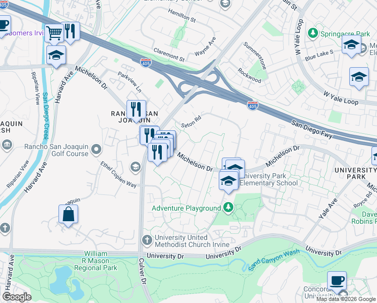 map of restaurants, bars, coffee shops, grocery stores, and more near 27 Butler Street in Irvine