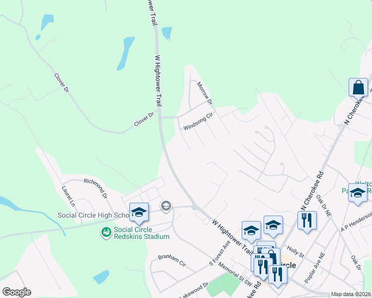 map of restaurants, bars, coffee shops, grocery stores, and more near 367 Conner Court in Social Circle