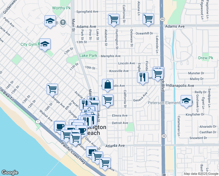 map of restaurants, bars, coffee shops, grocery stores, and more near 208 Indianapolis Avenue in Huntington Beach