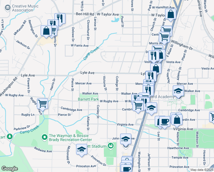 map of restaurants, bars, coffee shops, grocery stores, and more near 1948 Mercer Avenue in College Park