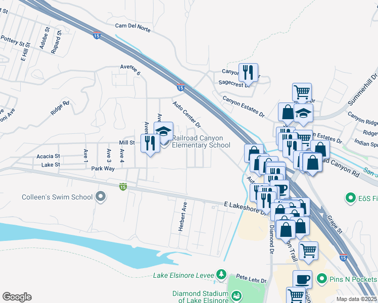 map of restaurants, bars, coffee shops, grocery stores, and more near 350 Avenue 9 in Lake Elsinore