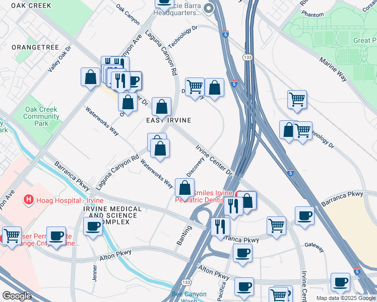 map of restaurants, bars, coffee shops, grocery stores, and more near 51 Discovery in Irvine