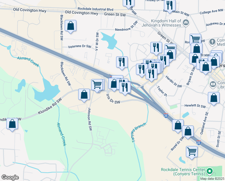 map of restaurants, bars, coffee shops, grocery stores, and more near Klondike Road Southwest in Conyers