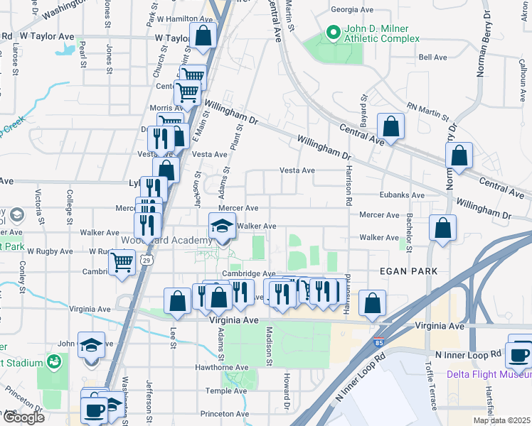 map of restaurants, bars, coffee shops, grocery stores, and more near 1540 Mercer Avenue in College Park