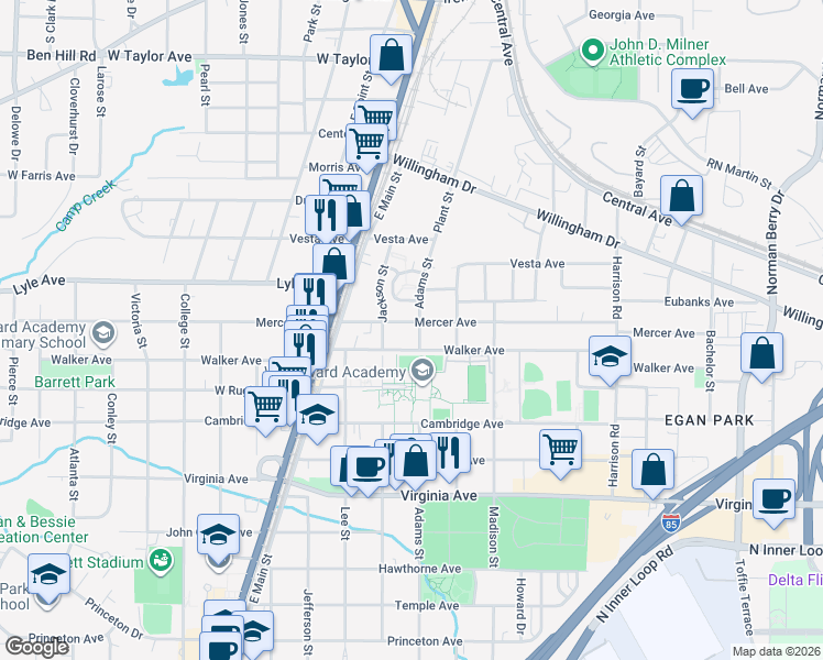 map of restaurants, bars, coffee shops, grocery stores, and more near 1632 Mercer Avenue in College Park