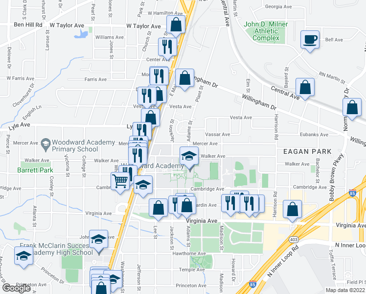 map of restaurants, bars, coffee shops, grocery stores, and more near 1638 Mercer Ave in College Park