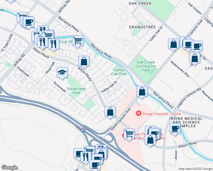 map of restaurants, bars, coffee shops, grocery stores, and more near 17 Highfield Glen in Irvine