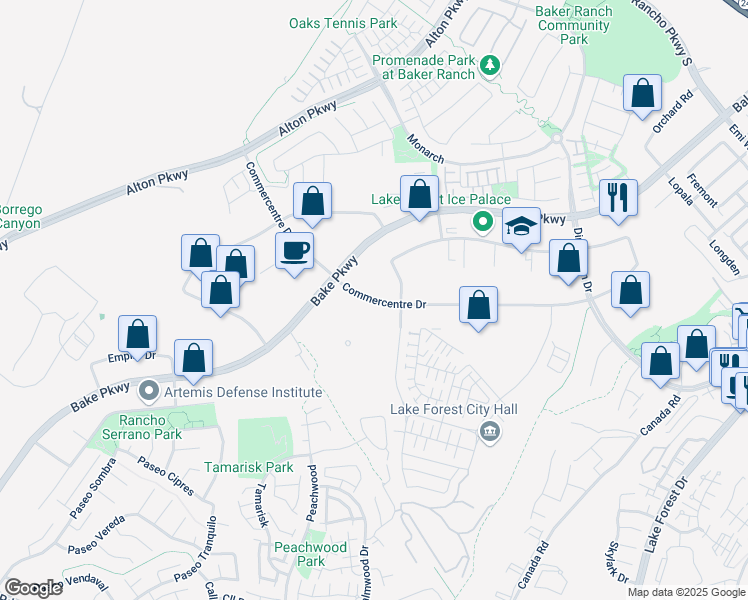 map of restaurants, bars, coffee shops, grocery stores, and more near 25520 Commerce Center Drive in Los Angeles County