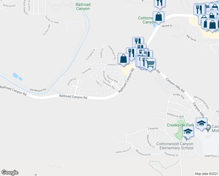 map of restaurants, bars, coffee shops, grocery stores, and more near 24202 Carnation Way in Lake Elsinore