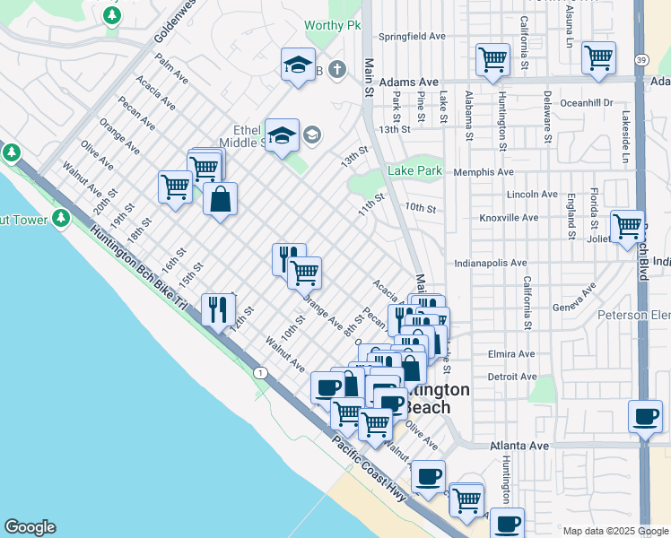 map of restaurants, bars, coffee shops, grocery stores, and more near 511 10th Street in Huntington Beach