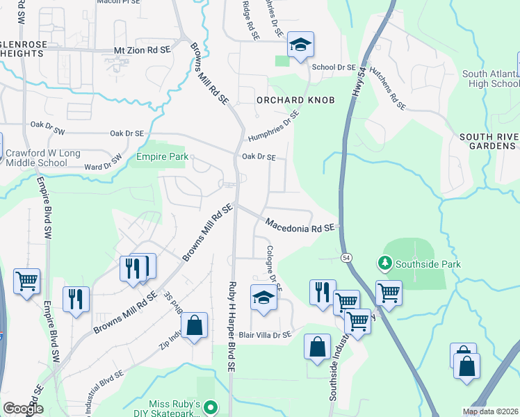 map of restaurants, bars, coffee shops, grocery stores, and more near 367 Belgarde Place Southeast in Atlanta