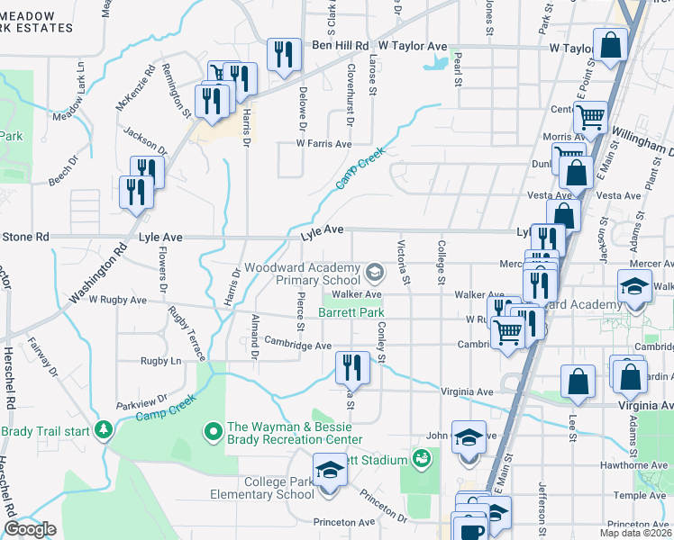 map of restaurants, bars, coffee shops, grocery stores, and more near 2034 Mercer Avenue in College Park