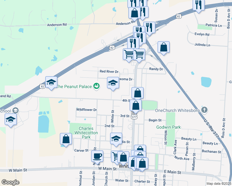 map of restaurants, bars, coffee shops, grocery stores, and more near 115 4th Street in Whitesboro