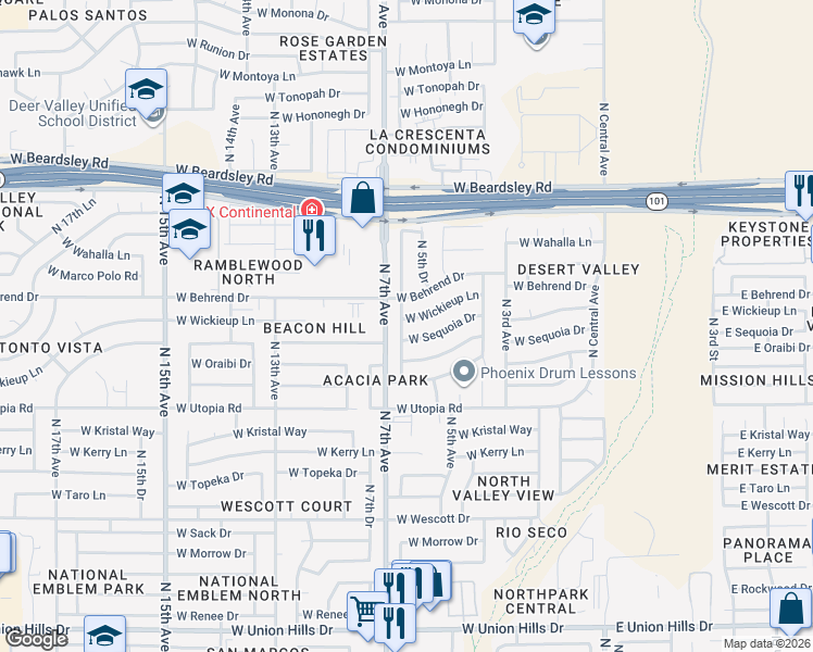 map of restaurants, bars, coffee shops, grocery stores, and more near 607 West Wickieup Lane in Phoenix