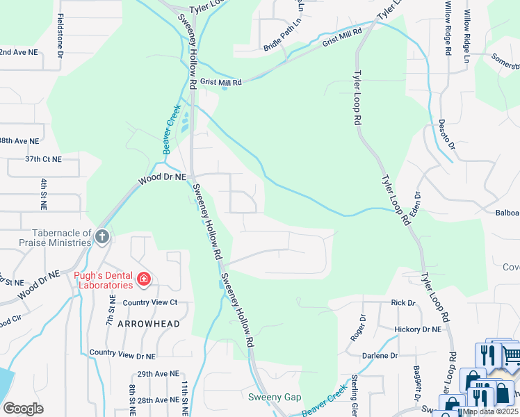 map of restaurants, bars, coffee shops, grocery stores, and more near 1160 Oak Creek Trail Northeast in Birmingham