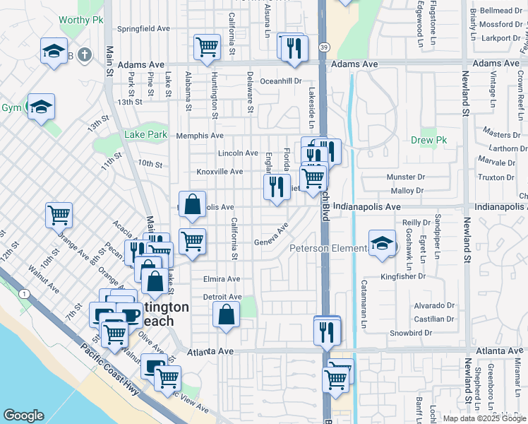 map of restaurants, bars, coffee shops, grocery stores, and more near 604 Indianapolis Avenue in Huntington Beach
