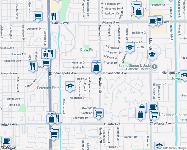 map of restaurants, bars, coffee shops, grocery stores, and more near 8402 Indianapolis Avenue in Huntington Beach