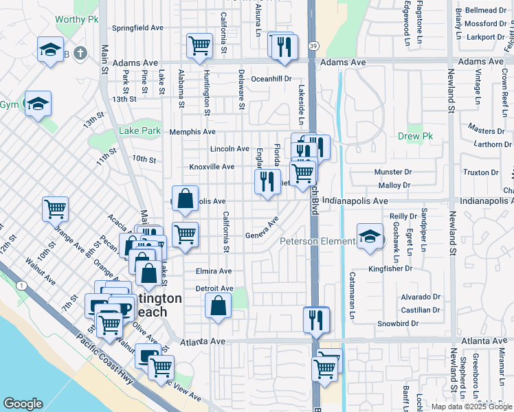 map of restaurants, bars, coffee shops, grocery stores, and more near 608 Indianapolis Avenue in Huntington Beach