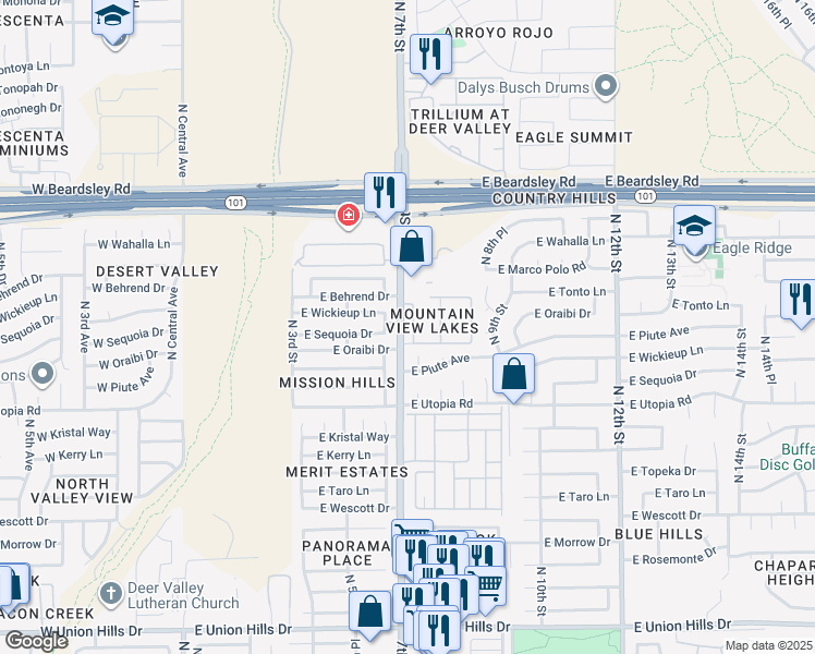 map of restaurants, bars, coffee shops, grocery stores, and more near 19601 North 7th Street in Phoenix