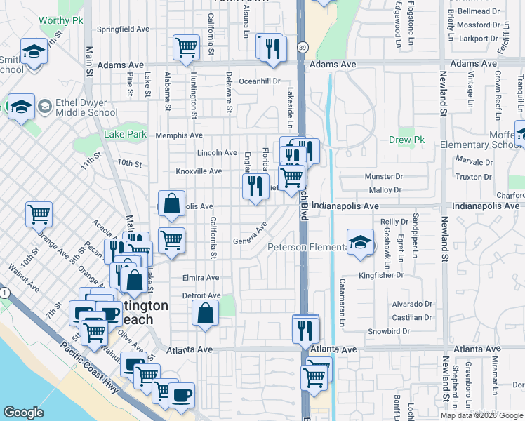 map of restaurants, bars, coffee shops, grocery stores, and more near 620 Indianapolis Avenue in Huntington Beach