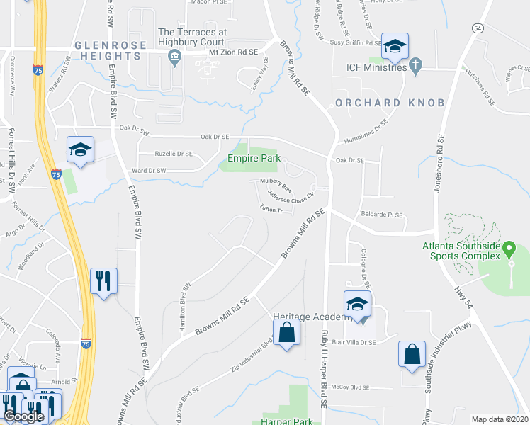 map of restaurants, bars, coffee shops, grocery stores, and more near 505 Tufton Tr in Atlanta