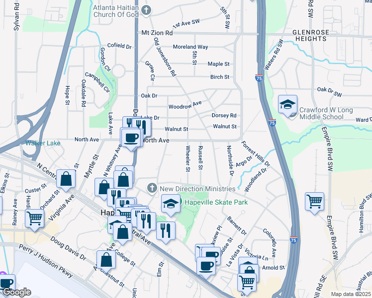 map of restaurants, bars, coffee shops, grocery stores, and more near 3277 Wheeler Street in Hapeville