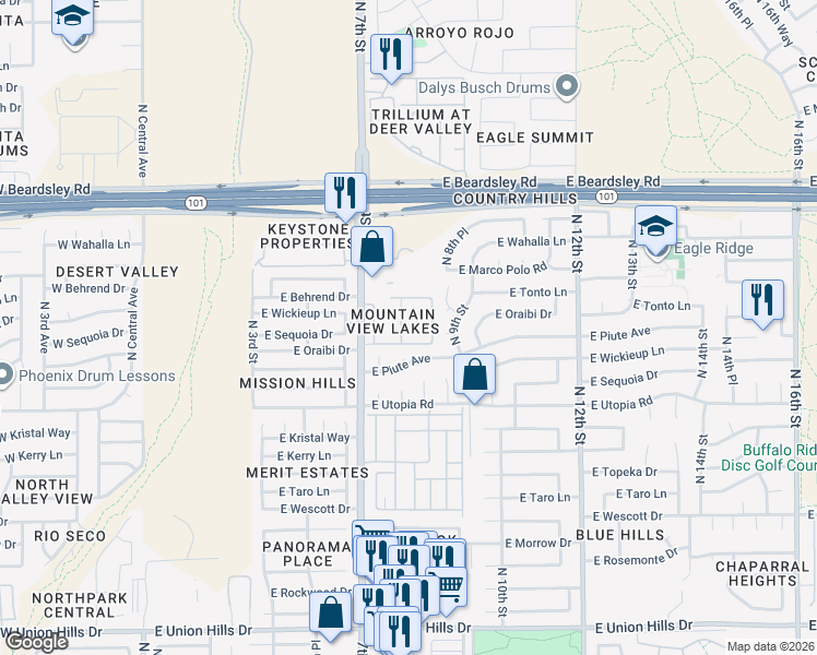 map of restaurants, bars, coffee shops, grocery stores, and more near 1083 Mountain Shadow Lake Condominium in Phoenix