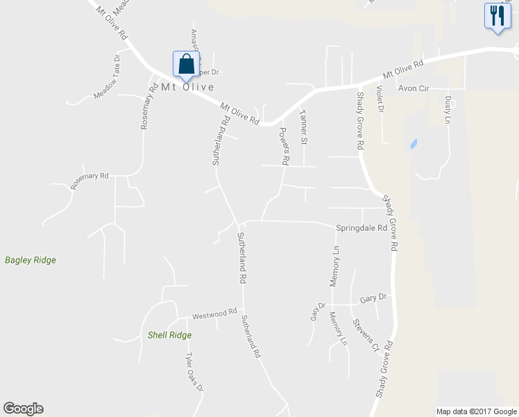 map of restaurants, bars, coffee shops, grocery stores, and more near 5416 Powers Road in Mount Olive