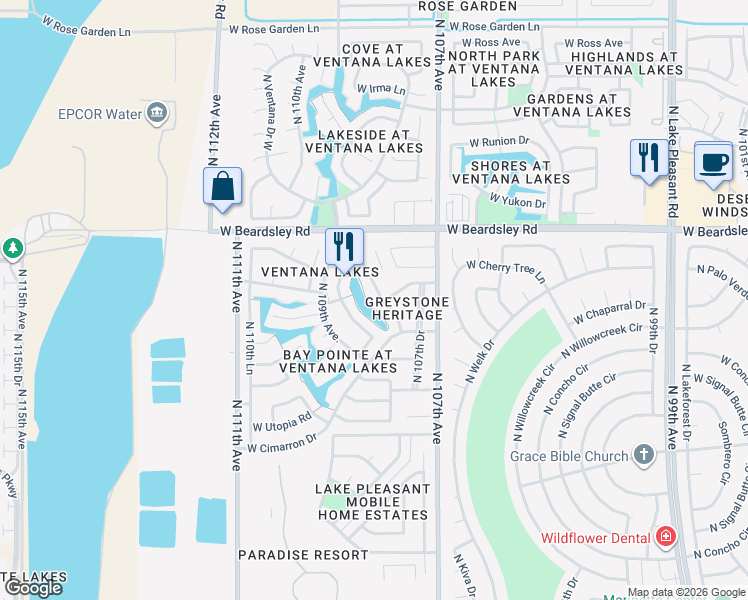 map of restaurants, bars, coffee shops, grocery stores, and more near 19908 North 108th Avenue in Sun City