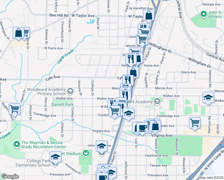map of restaurants, bars, coffee shops, grocery stores, and more near 1820 Mercer Avenue in College Park