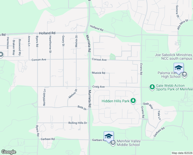 map of restaurants, bars, coffee shops, grocery stores, and more near 26065 Musick Road in Menifee