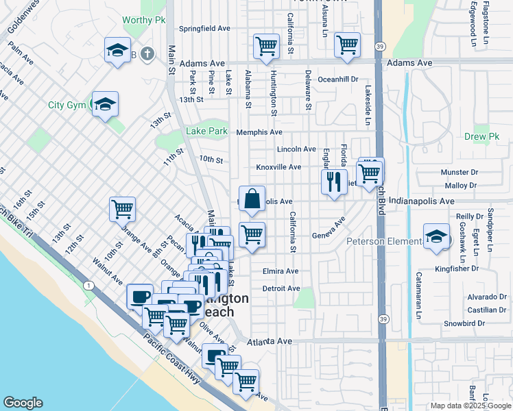 map of restaurants, bars, coffee shops, grocery stores, and more near 208 Indianapolis Avenue in Huntington Beach