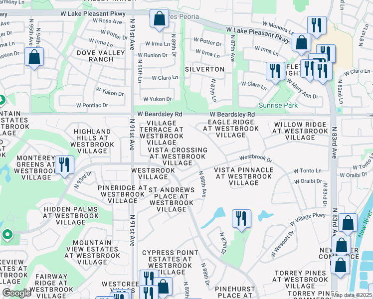 map of restaurants, bars, coffee shops, grocery stores, and more near 8842 West Piute Avenue in Peoria