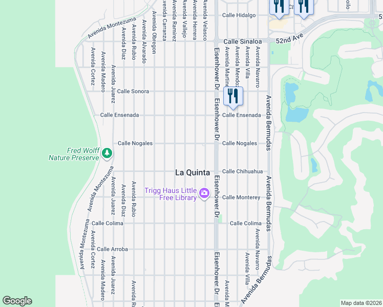 map of restaurants, bars, coffee shops, grocery stores, and more near 52851 Avenue Herrera in La Quinta