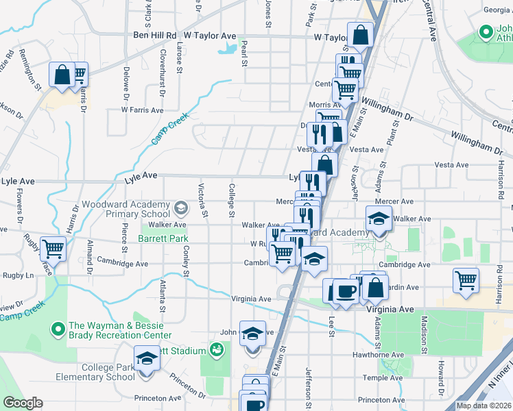 map of restaurants, bars, coffee shops, grocery stores, and more near 1858 Mercer Avenue in College Park