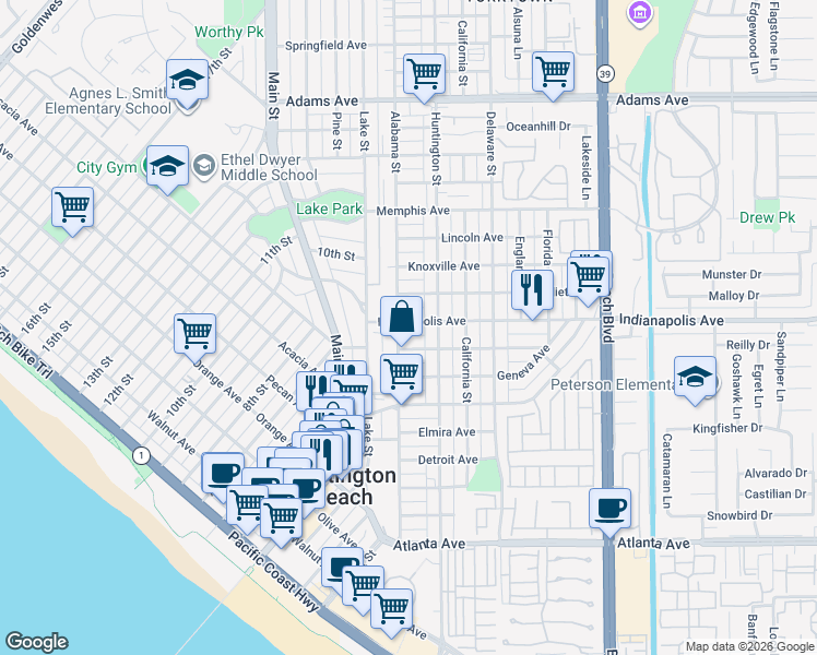 map of restaurants, bars, coffee shops, grocery stores, and more near 218 Indianapolis Avenue in Huntington Beach