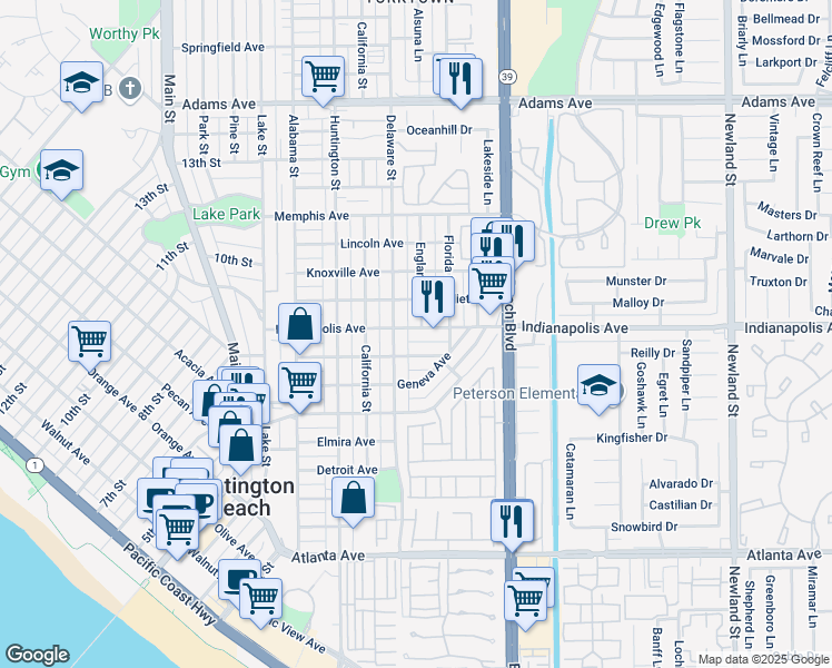 map of restaurants, bars, coffee shops, grocery stores, and more near 608 Indianapolis Avenue in Huntington Beach
