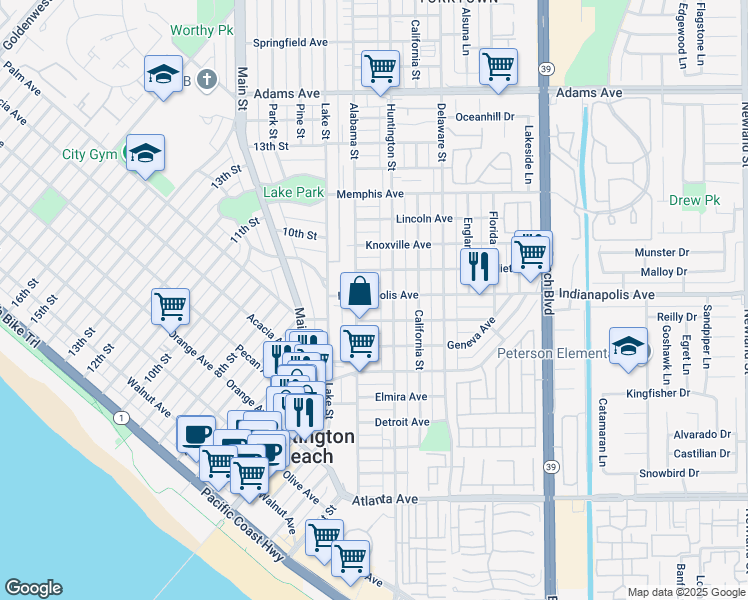 map of restaurants, bars, coffee shops, grocery stores, and more near 218 Indianapolis Avenue in Huntington Beach
