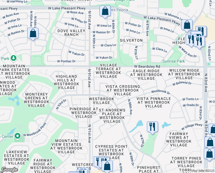map of restaurants, bars, coffee shops, grocery stores, and more near 9021 West Marco Polo Road in Peoria