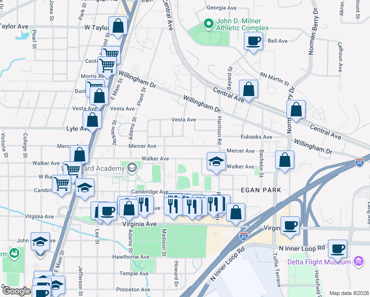map of restaurants, bars, coffee shops, grocery stores, and more near 1478 Mercer Avenue in College Park