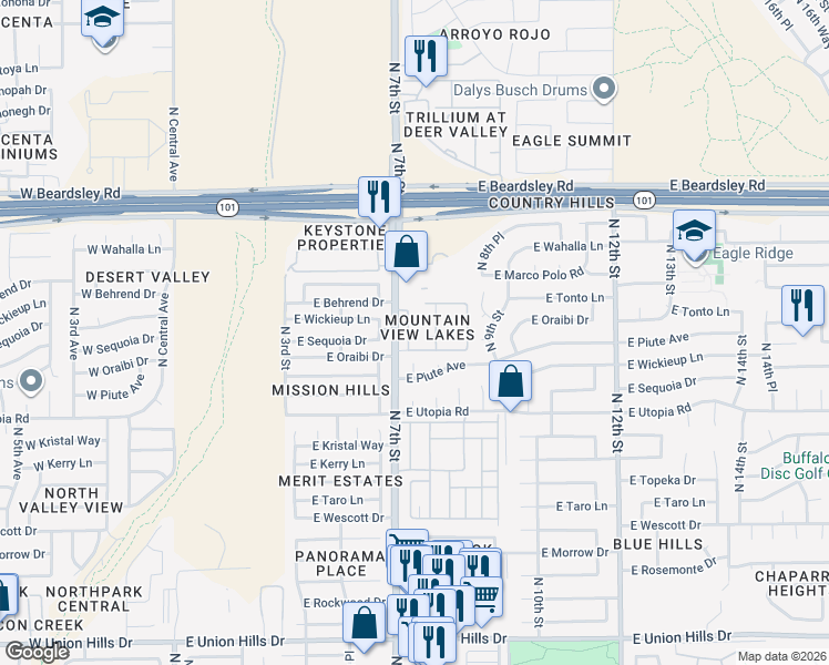 map of restaurants, bars, coffee shops, grocery stores, and more near 1029 Mountain Shadow Lake Condominium in Phoenix