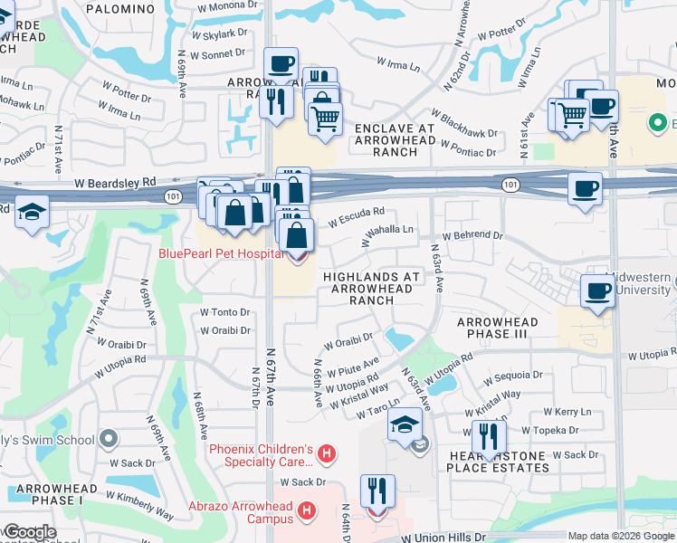 map of restaurants, bars, coffee shops, grocery stores, and more near 6503 West Adobe Drive in Glendale
