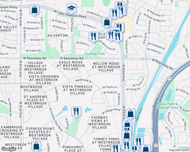 map of restaurants, bars, coffee shops, grocery stores, and more near 8511 West Behrend Drive in Peoria