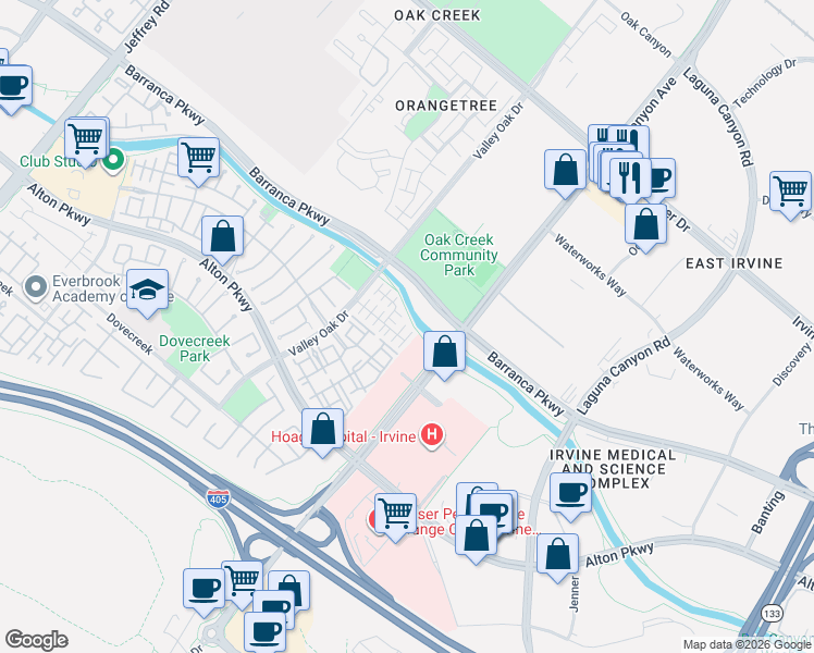 map of restaurants, bars, coffee shops, grocery stores, and more near 54 Alevera in Irvine